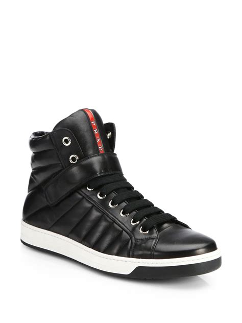 prada men s leather zip-side high-top sneakers in black|Prada basketball sneakers.